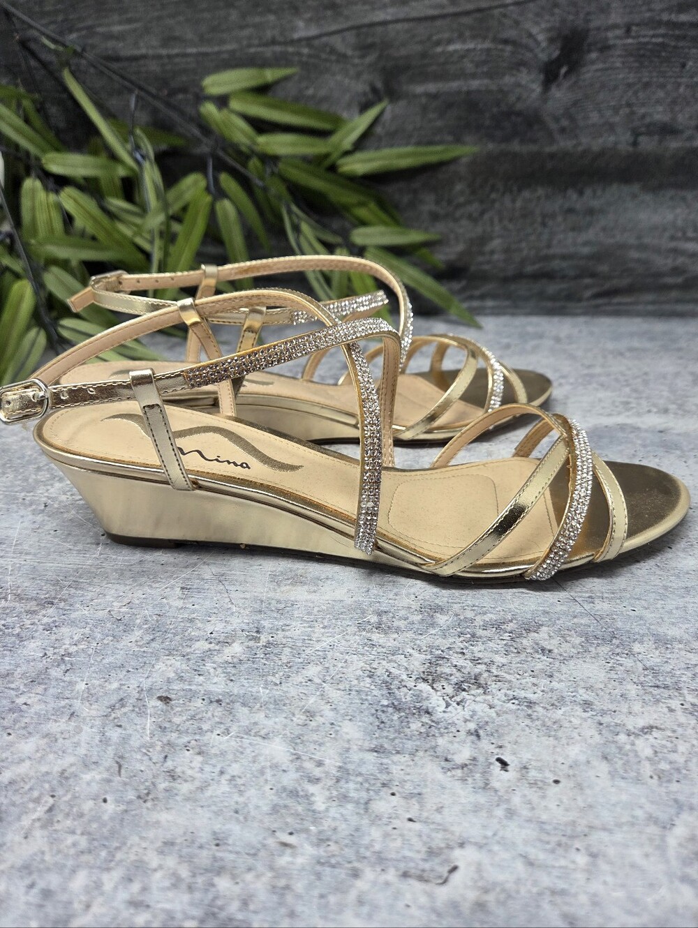 Nina Shiny Metallic Gold & Rhinestone Fancy 2" Wedge Dress Sandals Size 9 - Picture 7 of 10